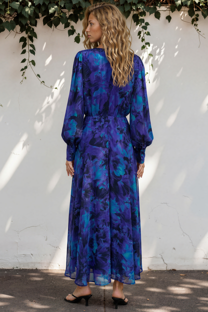 Azura Maxi Dress - V-Neckline Dress with Long Shirred Sleeves in Bluebell Print
