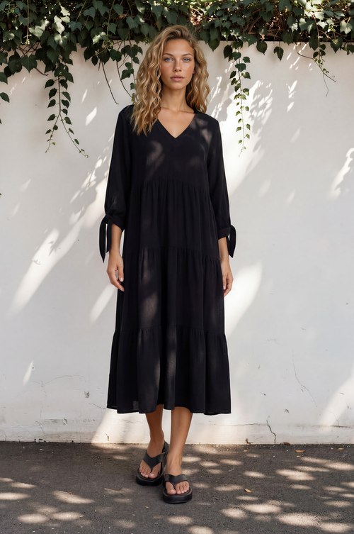 Elisabette Midi Dress - V-Neck Tiered Linen Dress with 3/4 Tie Cuff Sleeves in Black