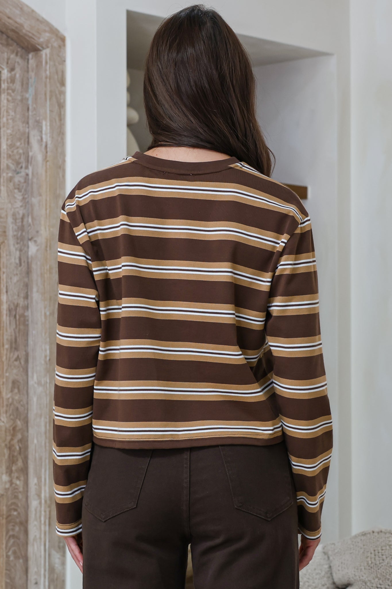Brady Top - Crew Neck Relaxed Long Sleeve Cropped Tee in Brown Stripe