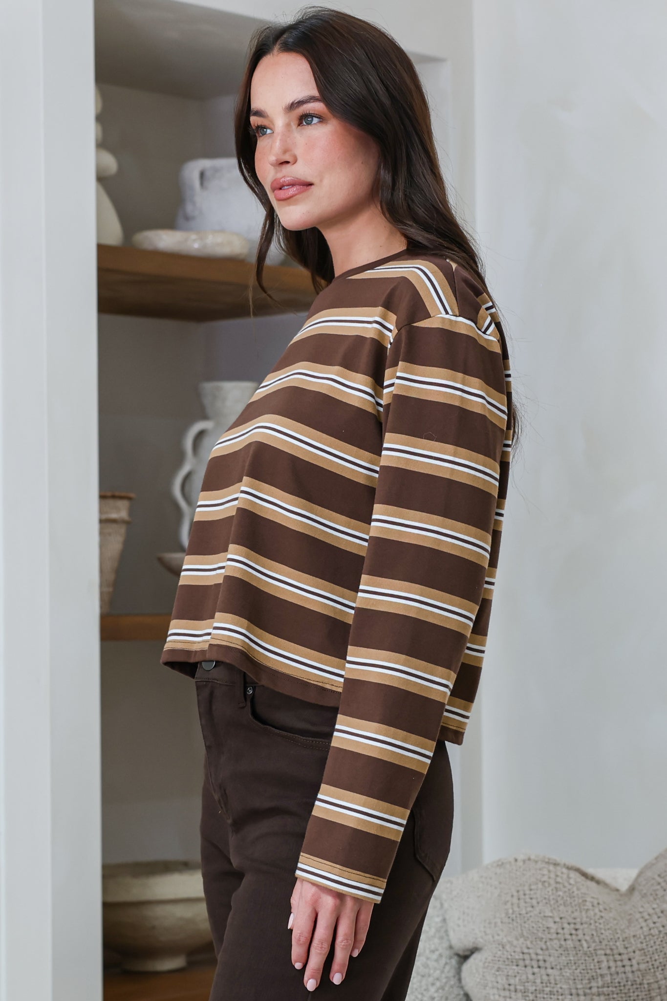 Brady Top - Crew Neck Relaxed Long Sleeve Cropped Tee in Brown Stripe