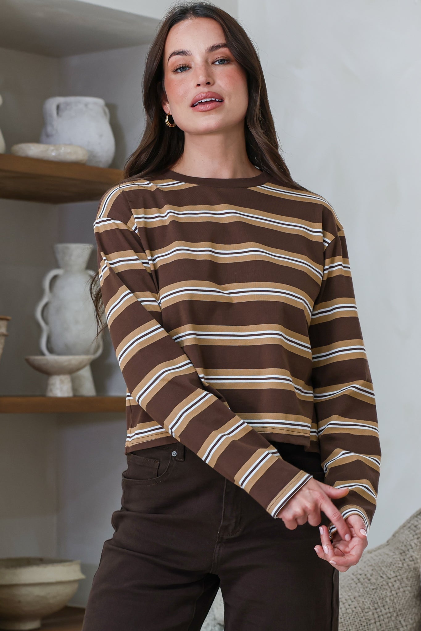 Brady Top - Crew Neck Relaxed Long Sleeve Cropped Tee in Brown Stripe