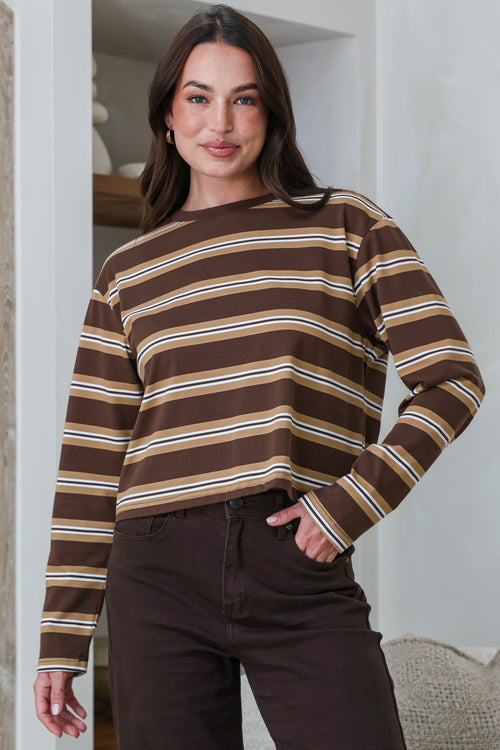 Brady Top - Crew Neck Relaxed Long Sleeve Cropped Tee in Brown Stripe