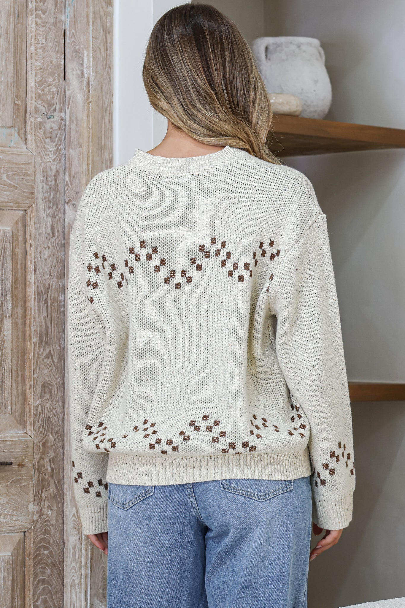 Brandy Jumper - Crew Neck Contrast Cowgirl Boot Motif Knit in Beige