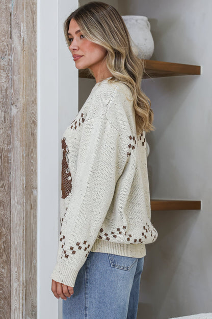 Brandy Jumper - Crew Neck Contrast Cowgirl Boot Motif Knit in Beige