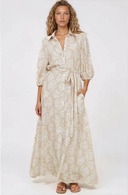 Brea Maxi Dress - Collared Shirt Dress with Belt in Catia Print Beige