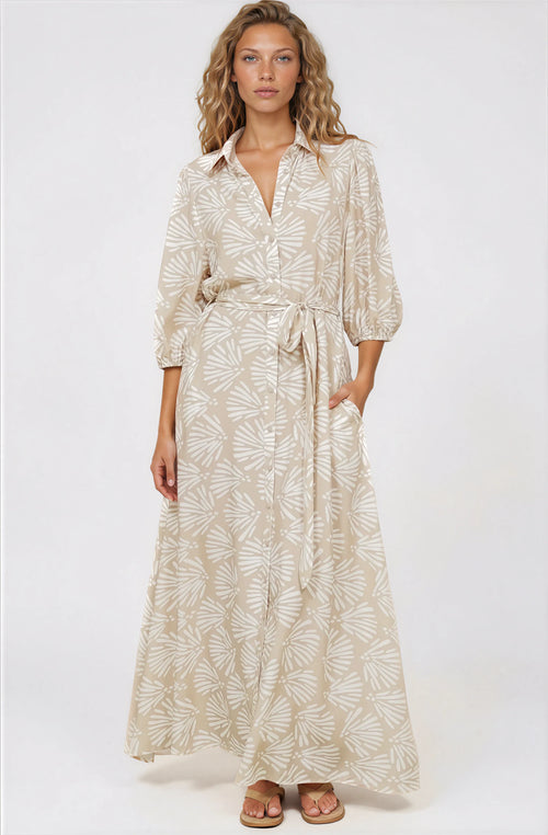 Brea Maxi Dress - Collared Shirt Dress with Belt in Catia Print Beige