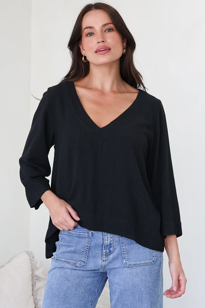 Breezer Top - Long Sleeve V Neck Pull Over Top with High Low Hemline in Black