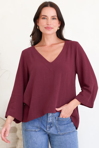 Breezer Top - Long Sleeve V Neck Pull Over Top with High Low Hemline in Wine