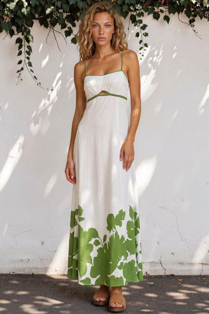 Bria Maxi Dress - Spaghetti Strap A-Line Cut Out Detail Dress in Clover Print