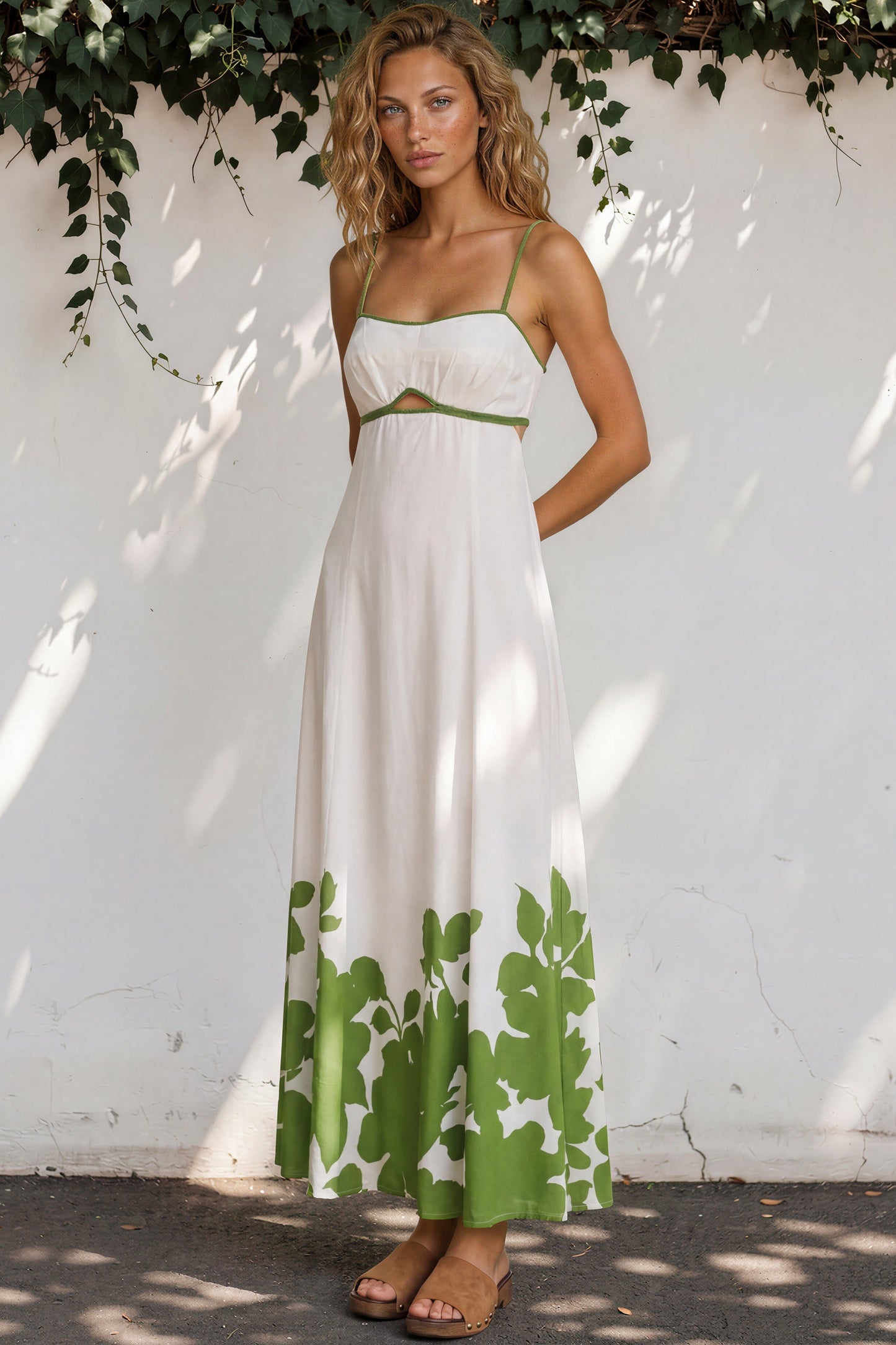 Bria Maxi Dress - Spaghetti Strap A-Line Cut Out Detail Dress in Clover Print