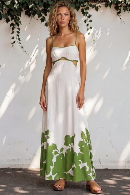 Bria Maxi Dress - Spaghetti Strap A-Line Cut Out Detail Dress in Clover Print