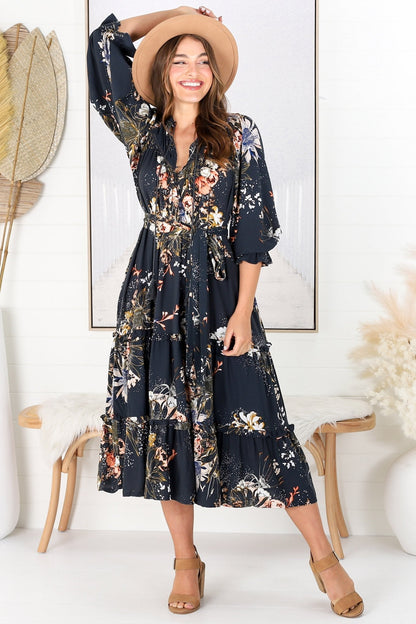 JAASE - Briana Midi Dress: Frill Collar Oversized Buttoned Dress with Waist Tie and Frill Splicing in Indigo Print