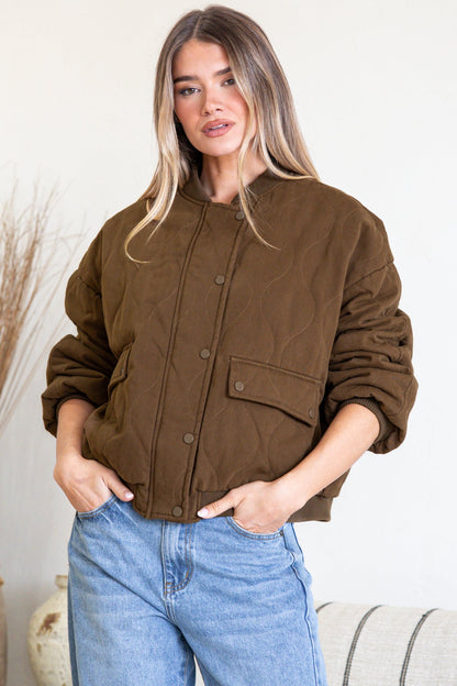 Brixton Jacket -  Round Neck Quilted Bomber Jacket with Zipper & Snap Button Closure in Khaki