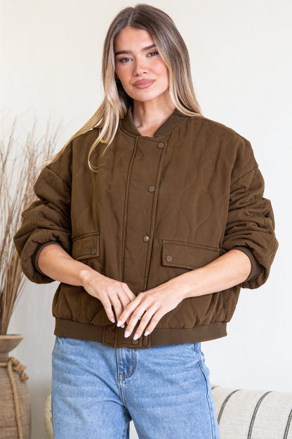 Brixton Jacket -  Round Neck Quilted Bomber Jacket with Zipper & Snap Button Closure in Khaki
