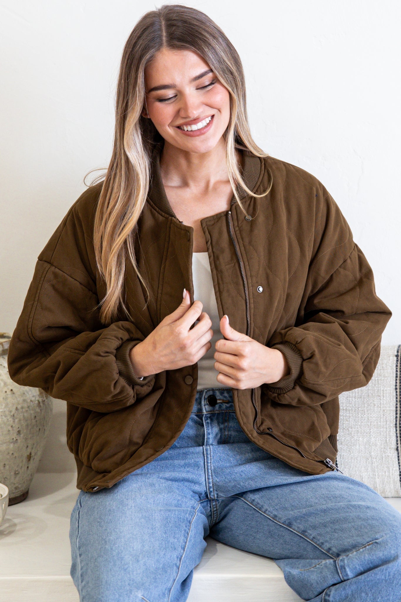 Brixton Jacket -  Round Neck Quilted Bomber Jacket with Zipper & Snap Button Closure in Khaki