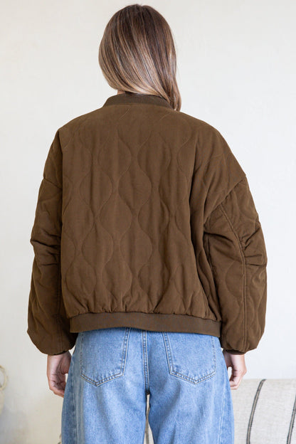 Brixton Jacket -  Round Neck Quilted Bomber Jacket with Zipper & Snap Button Closure in Khaki