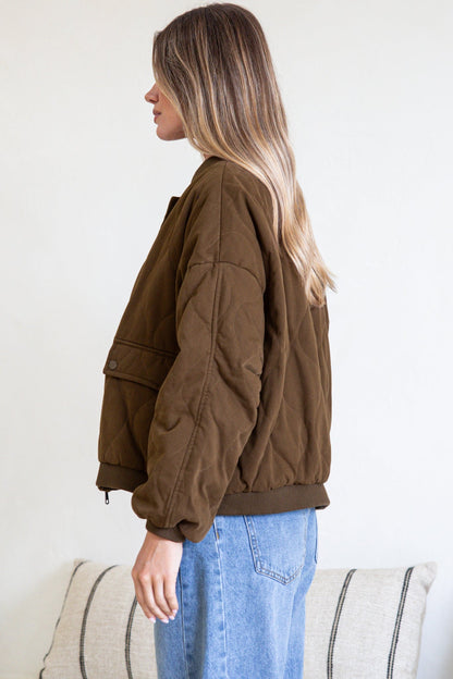 Brixton Jacket -  Round Neck Quilted Bomber Jacket with Zipper & Snap Button Closure in Khaki