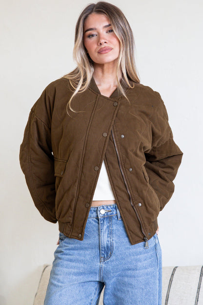 Brixton Jacket -  Round Neck Quilted Bomber Jacket with Zipper & Snap Button Closure in Khaki