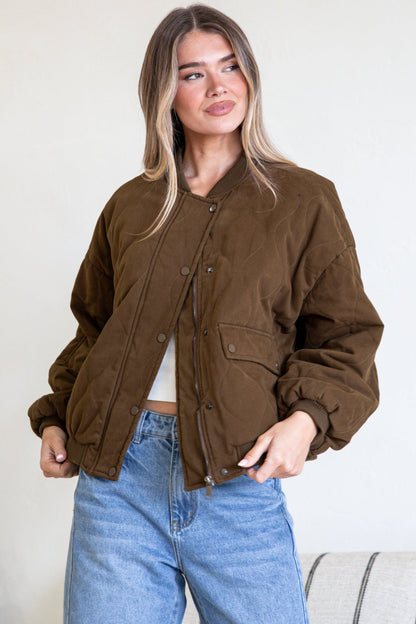 Brixton Jacket -  Round Neck Quilted Bomber Jacket with Zipper & Snap Button Closure in Khaki