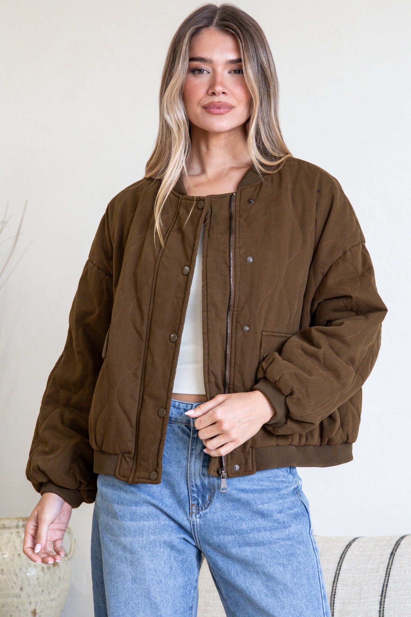 Brixton Jacket -  Round Neck Quilted Bomber Jacket with Zipper & Snap Button Closure in Khaki