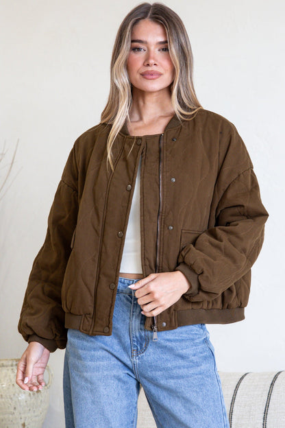 Brixton Jacket -  Round Neck Quilted Bomber Jacket with Zipper & Snap Button Closure in Khaki