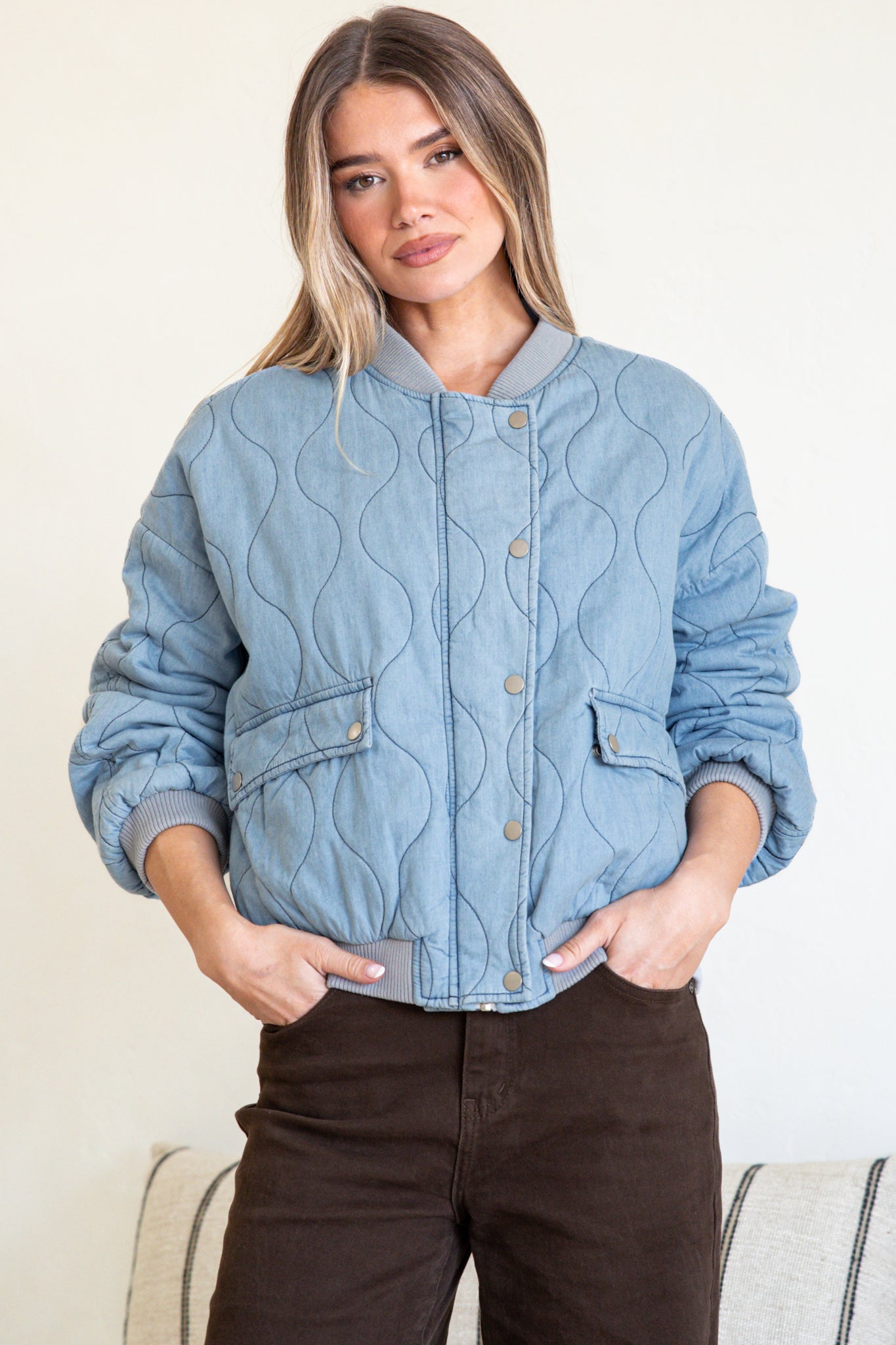 Brixton Jacket -  Round Neck Quilted Bomber Jacket with Zipper & Snap Button Closure in Light Denim