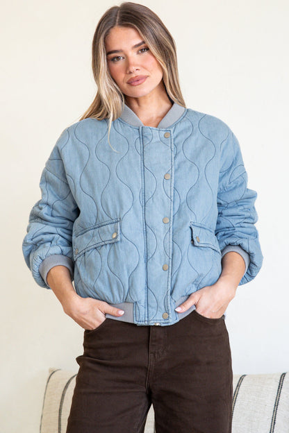 Brixton Jacket -  Round Neck Quilted Bomber Jacket with Zipper & Snap Button Closure in Light Denim