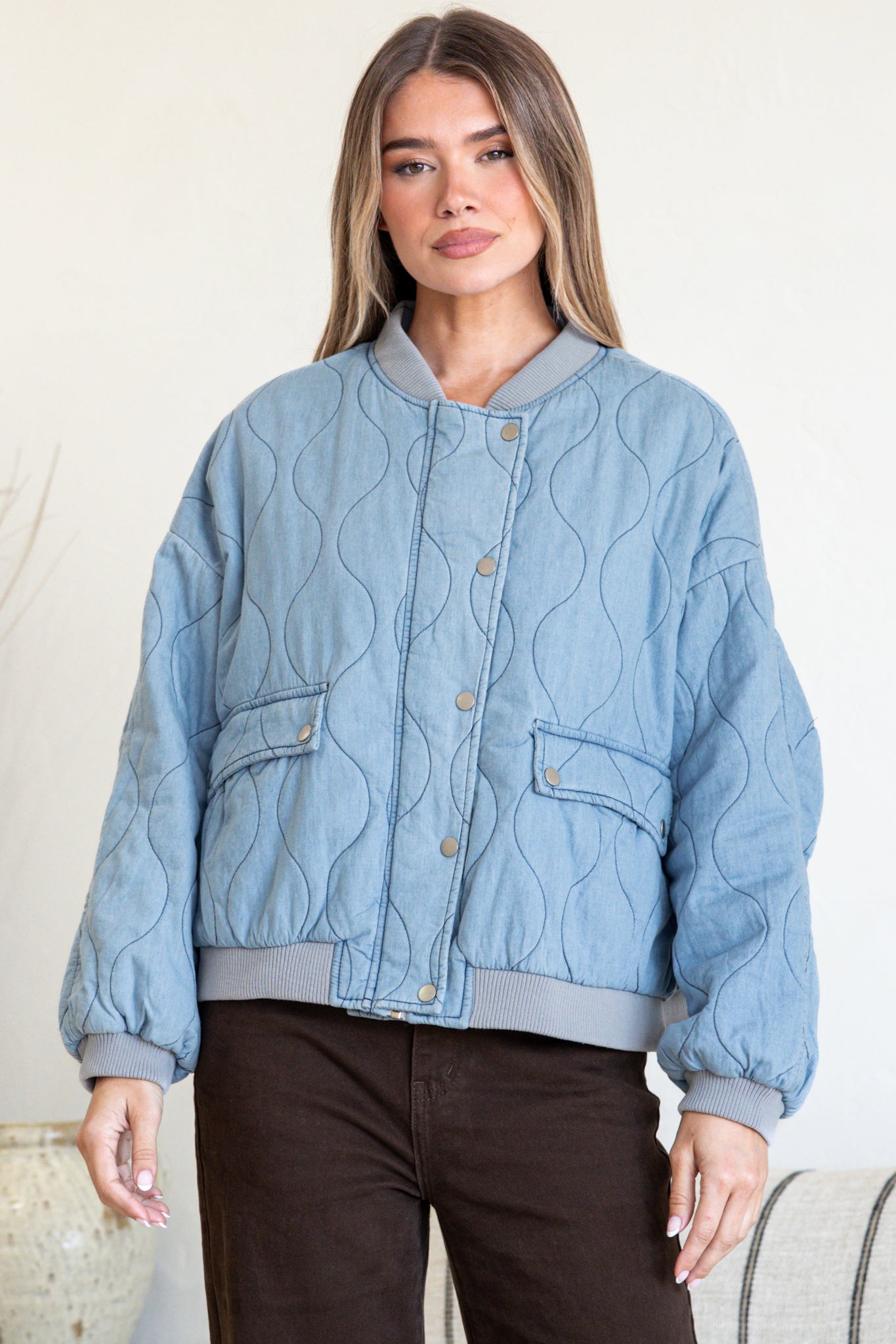 Brixton Jacket -  Round Neck Quilted Bomber Jacket with Zipper & Snap Button Closure in Light Denim