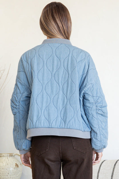 Brixton Jacket -  Round Neck Quilted Bomber Jacket with Zipper & Snap Button Closure in Light Denim