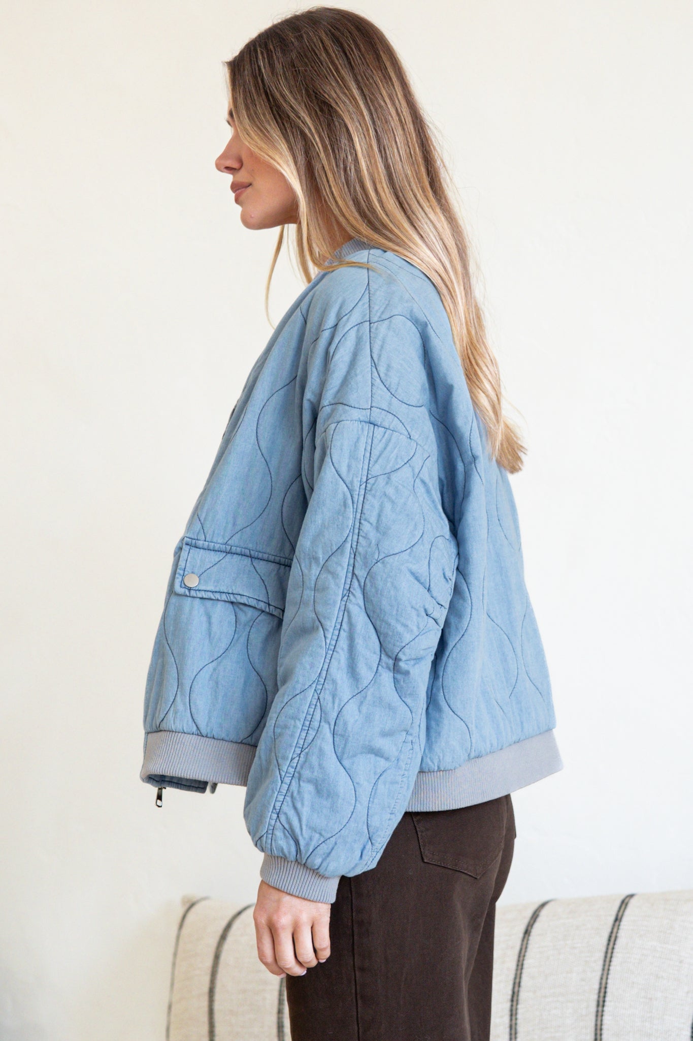 Brixton Jacket -  Round Neck Quilted Bomber Jacket with Zipper & Snap Button Closure in Light Denim
