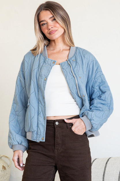 Brixton Jacket -  Round Neck Quilted Bomber Jacket with Zipper & Snap Button Closure in Light Denim