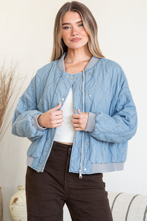Brixton Jacket -  Round Neck Quilted Bomber Jacket with Zipper & Snap Button Closure in Light Denim