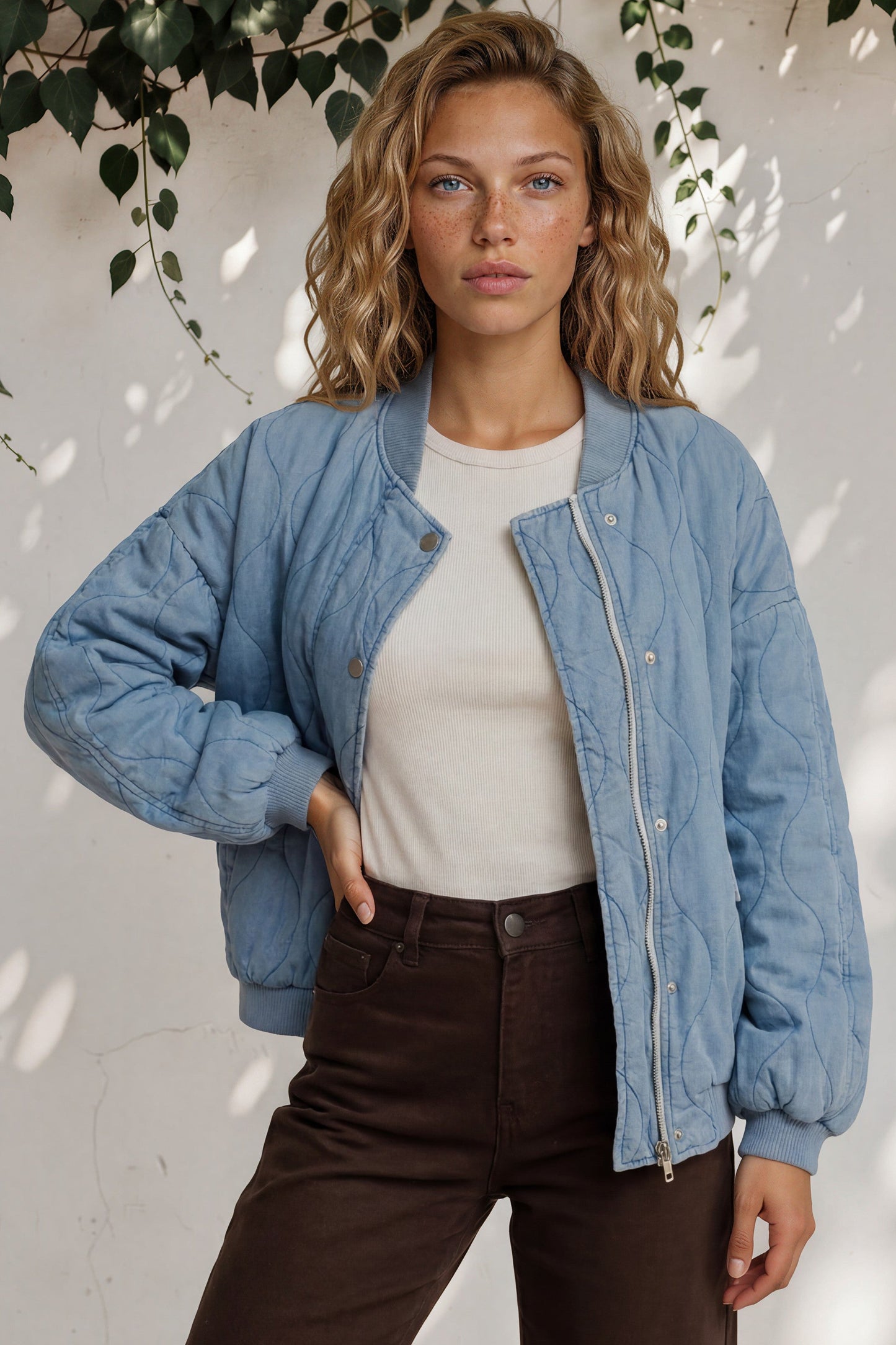 Brixton Jacket -  Round Neck Quilted Bomber Jacket with Zipper & Snap Button Closure in Light Denim