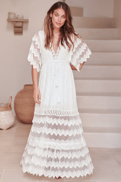 JAASE - Bungalow Maxi Dress: Embroidered Lace Deep V Neck Dress with Open Batwing Sleeves in White