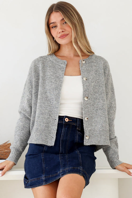 Caelan Cardigan - Crew Neck Tortoise Shell Button Crop Knit in Grey
