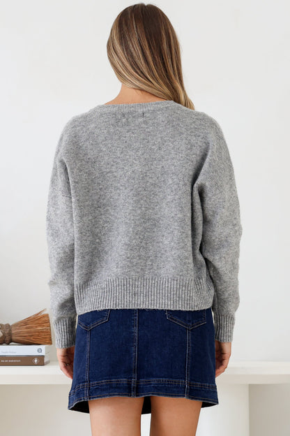 Caelan Cardigan - Crew Neck Tortoise Shell Button Crop Knit in Grey