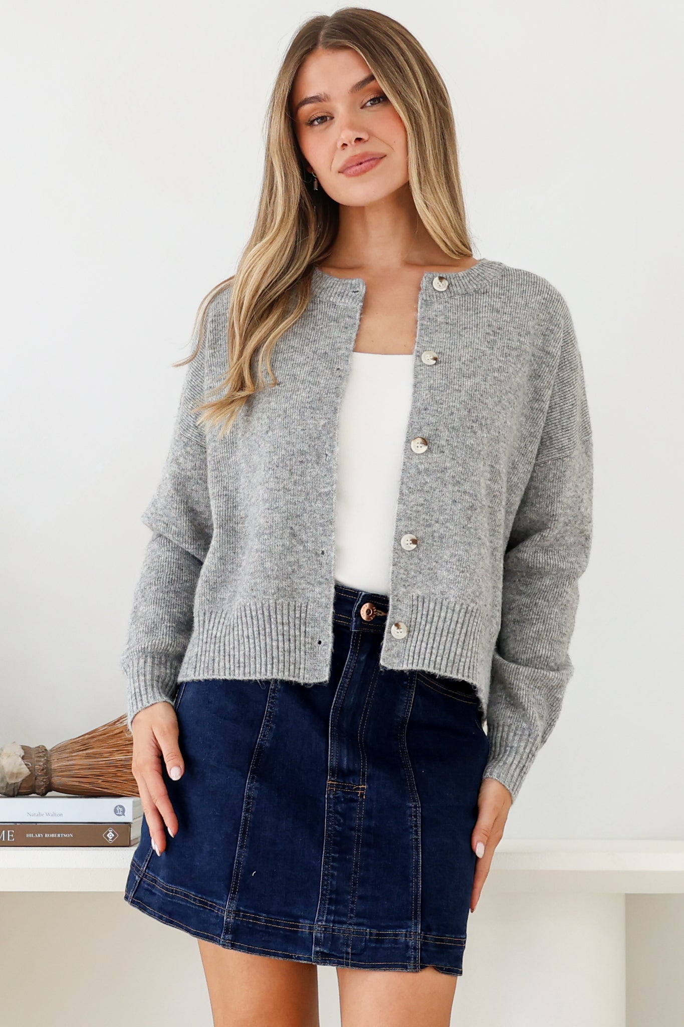 Caelan Cardigan - Crew Neck Tortoise Shell Button Crop Knit in Grey