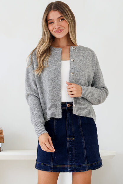 Caelan Cardigan - Crew Neck Tortoise Shell Button Crop Knit in Grey