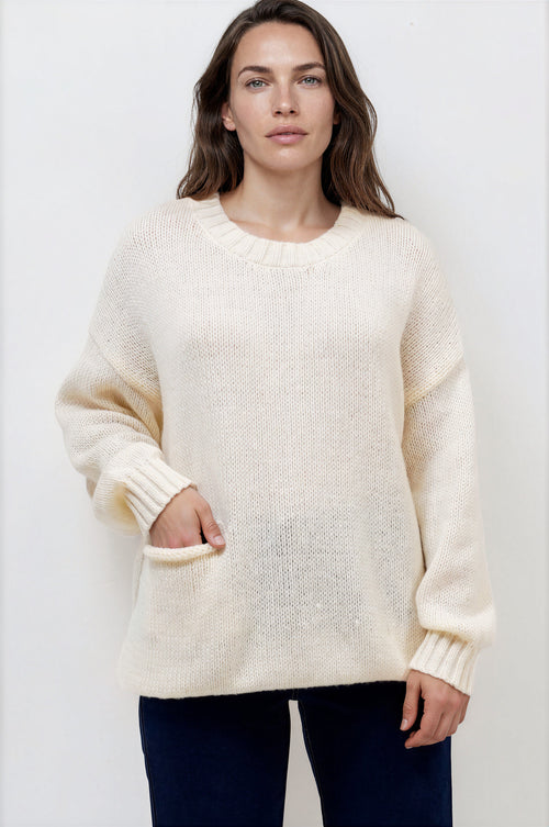 Caesar Jumper - Crew Neck Long Knit with Pocket and Ribbed Hemlines in Beige