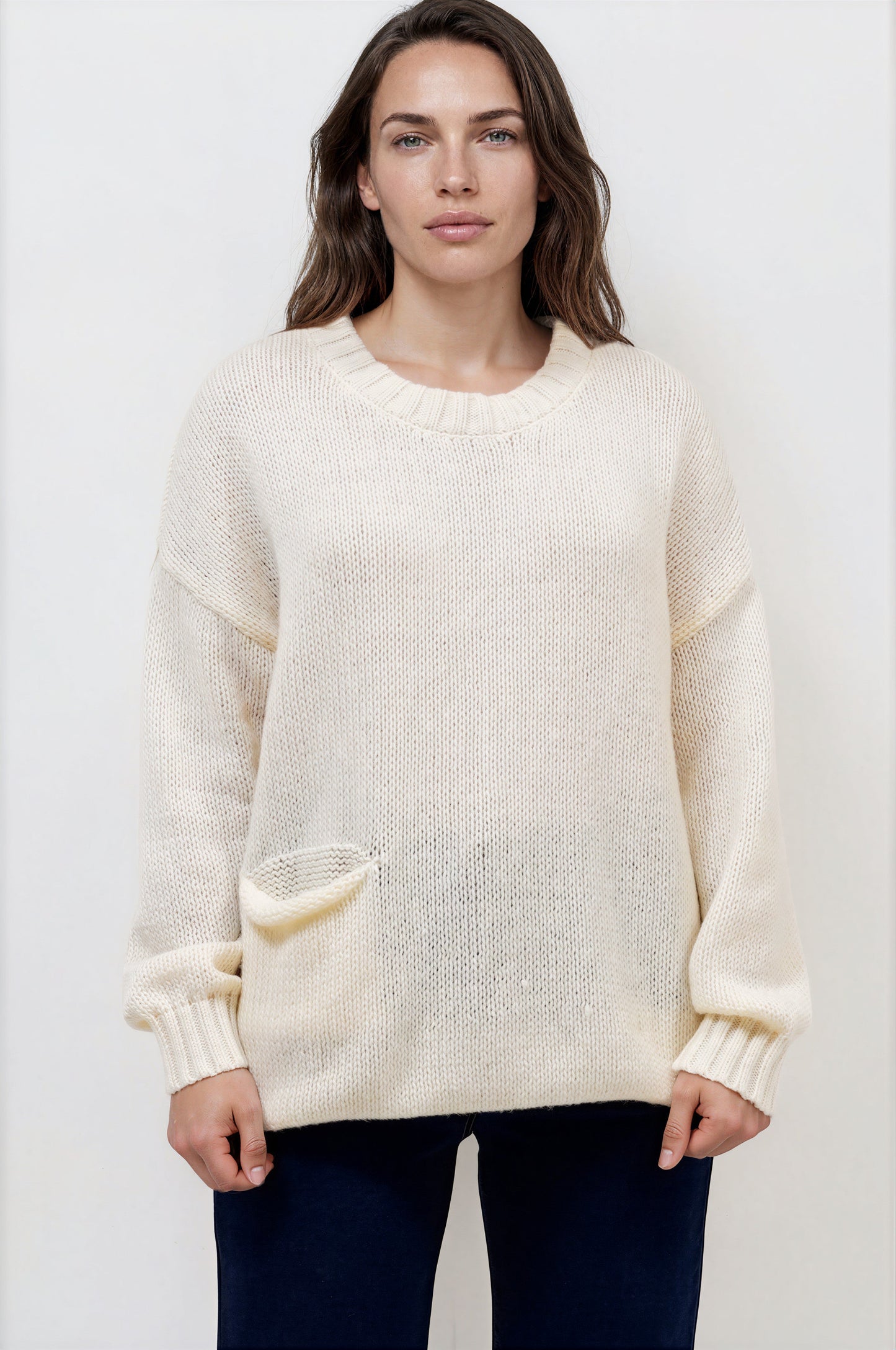 Caesar Jumper - Crew Neck Long Knit with Pocket and Ribbed Hemlines in Beige