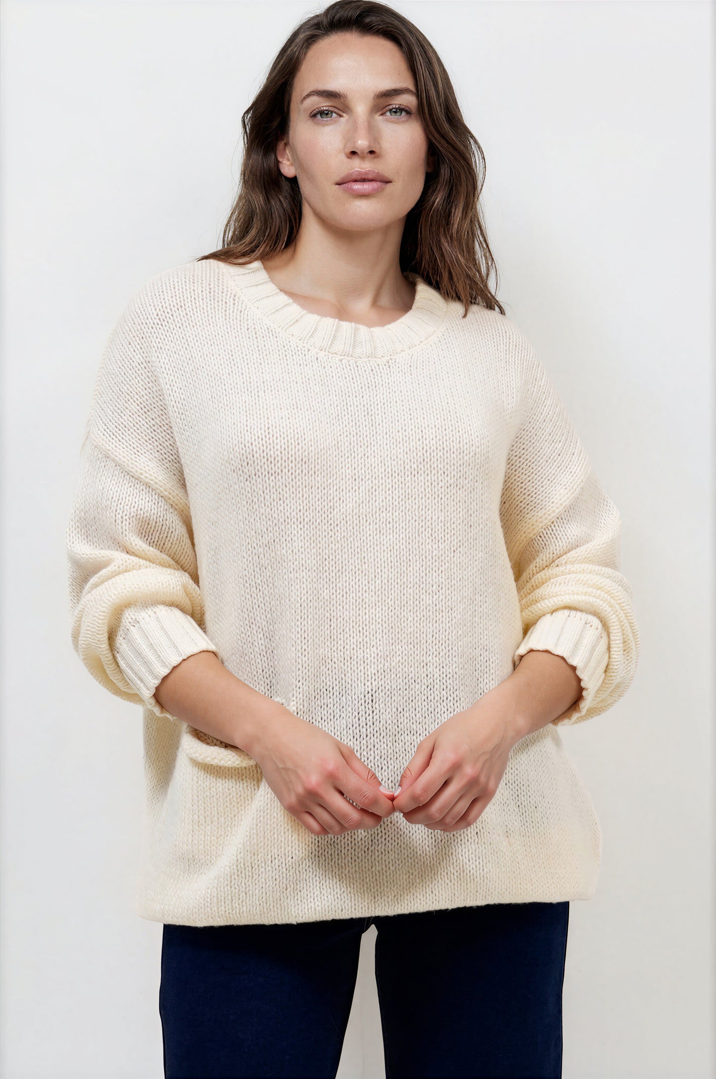 Caesar Jumper - Crew Neck Long Knit with Pocket and Ribbed Hemlines in Beige