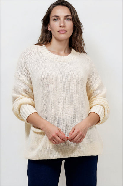 Caesar Jumper - Crew Neck Long Knit with Pocket and Ribbed Hemlines in Beige