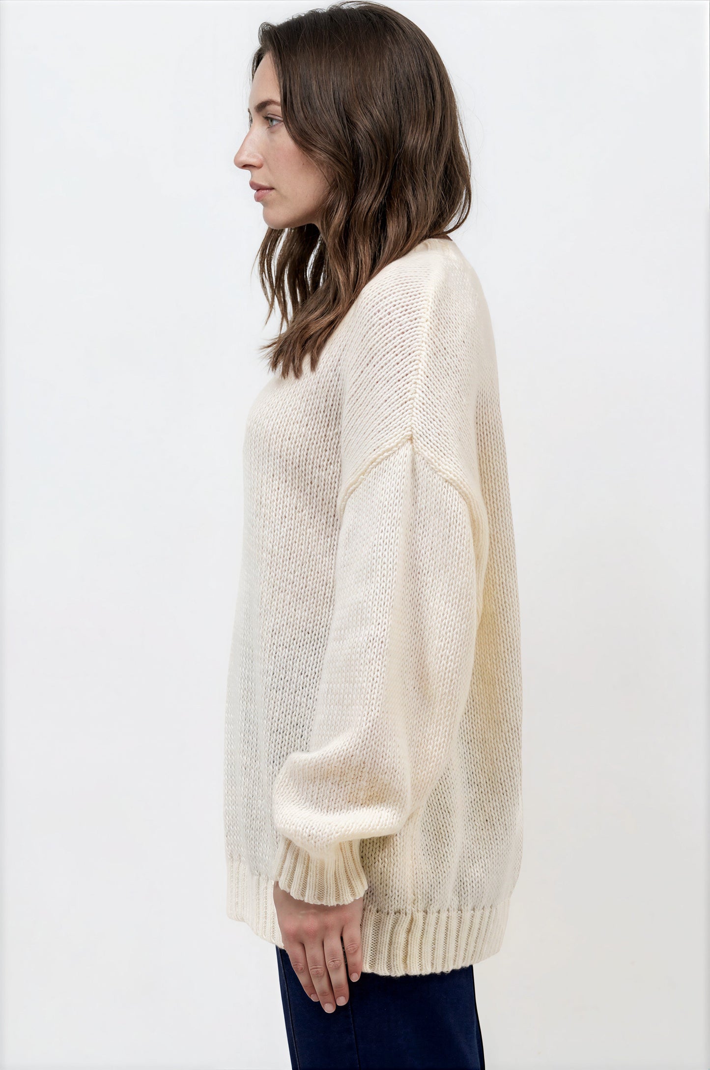 Caesar Jumper - Crew Neck Long Knit with Pocket and Ribbed Hemlines in Beige