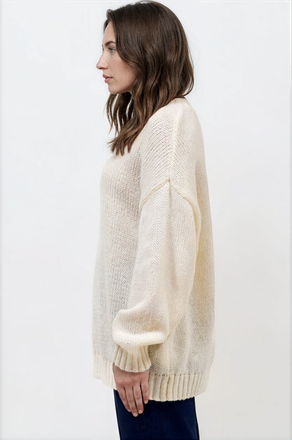 Caesar Jumper - Crew Neck Long Knit with Pocket and Ribbed Hemlines in Beige
