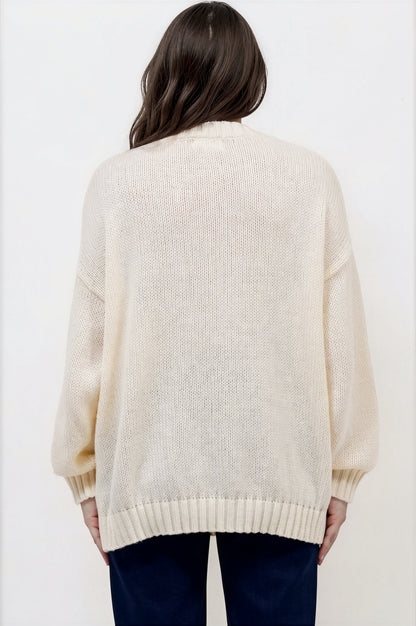 Caesar Jumper - Crew Neck Long Knit with Pocket and Ribbed Hemlines in Beige