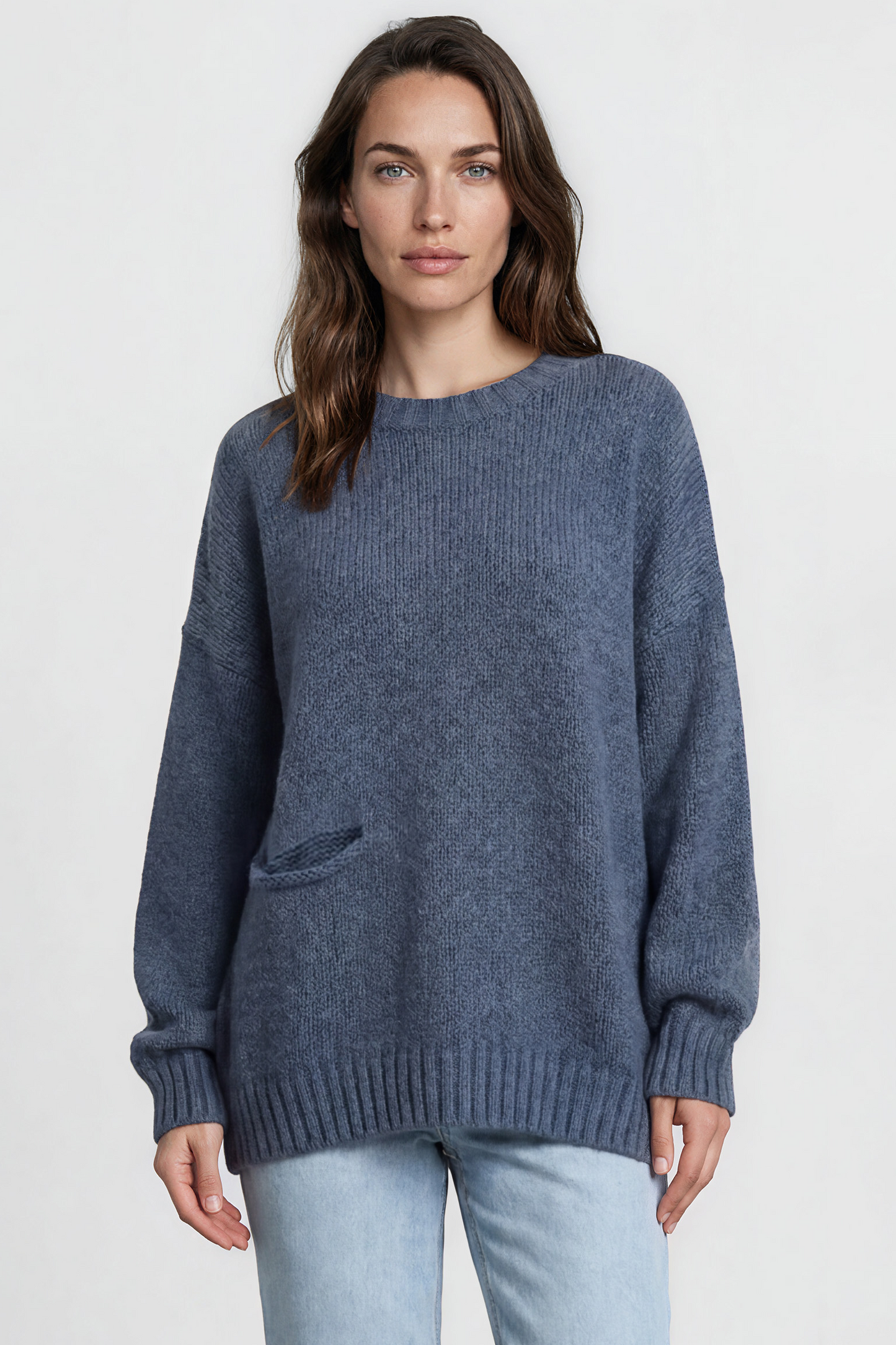 Caesar Jumper - Crew Neck Long Knit with Pocket and Ribbed Hemlines in Blue