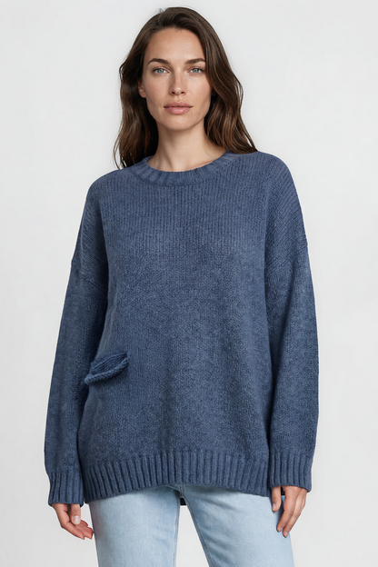 Caesar Jumper - Crew Neck Long Knit with Pocket and Ribbed Hemlines in Blue