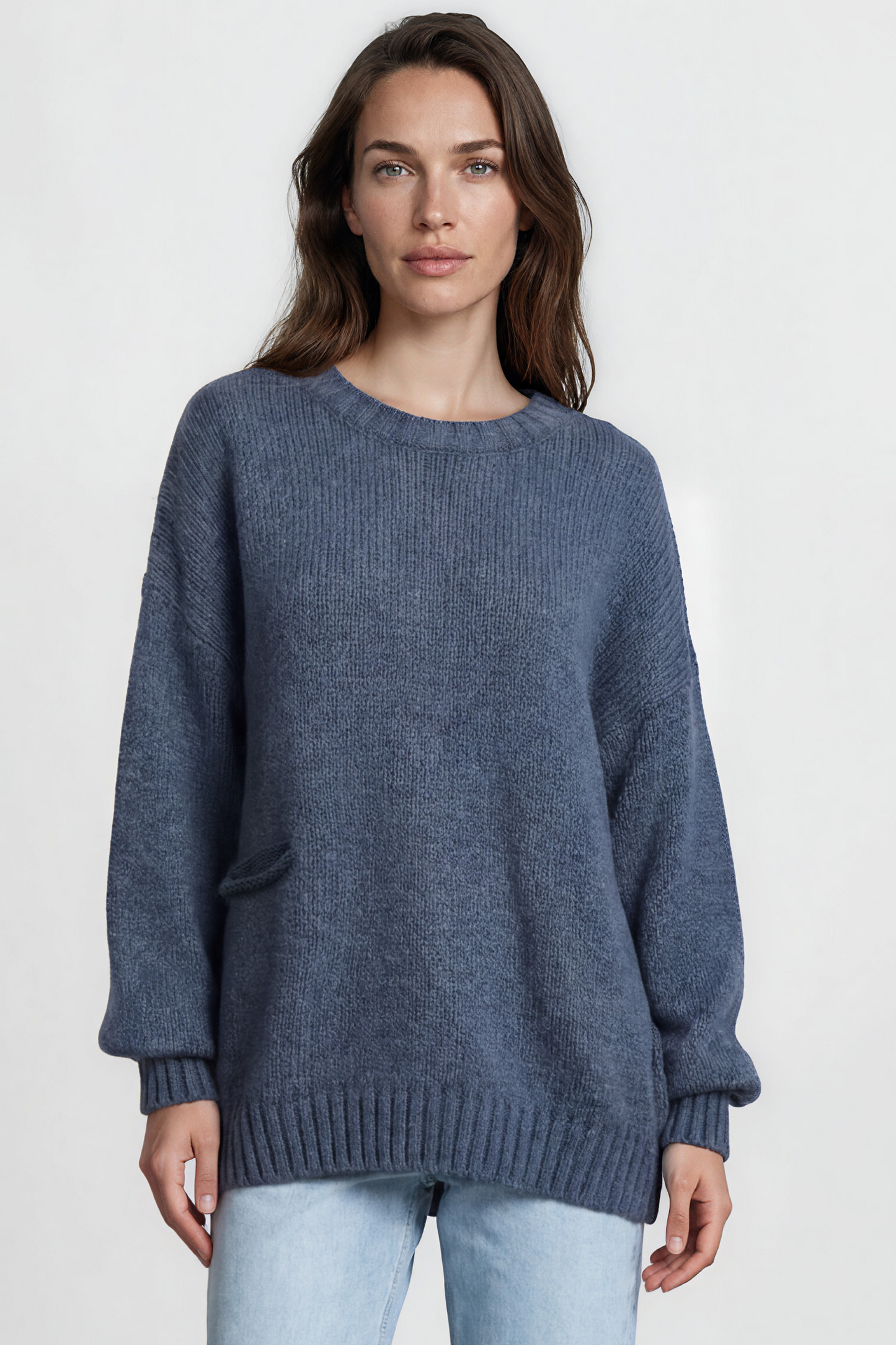Caesar Jumper - Crew Neck Long Knit with Pocket and Ribbed Hemlines in Blue