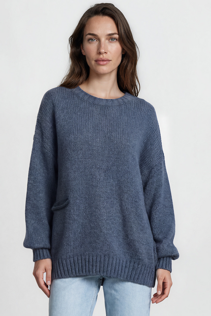 Caesar Jumper - Crew Neck Long Knit with Pocket and Ribbed Hemlines in Blue