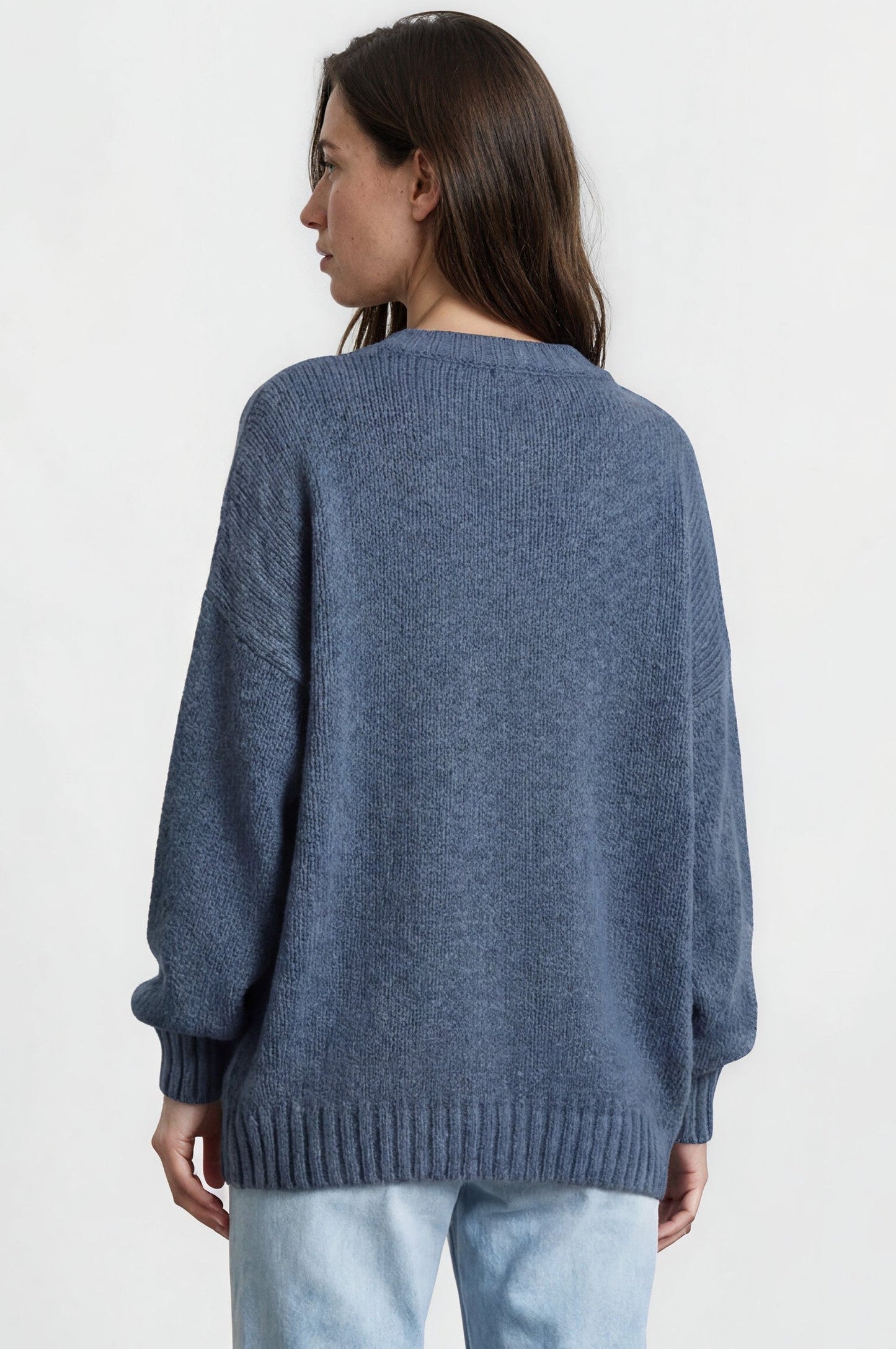 Caesar Jumper - Crew Neck Long Knit with Pocket and Ribbed Hemlines in Blue